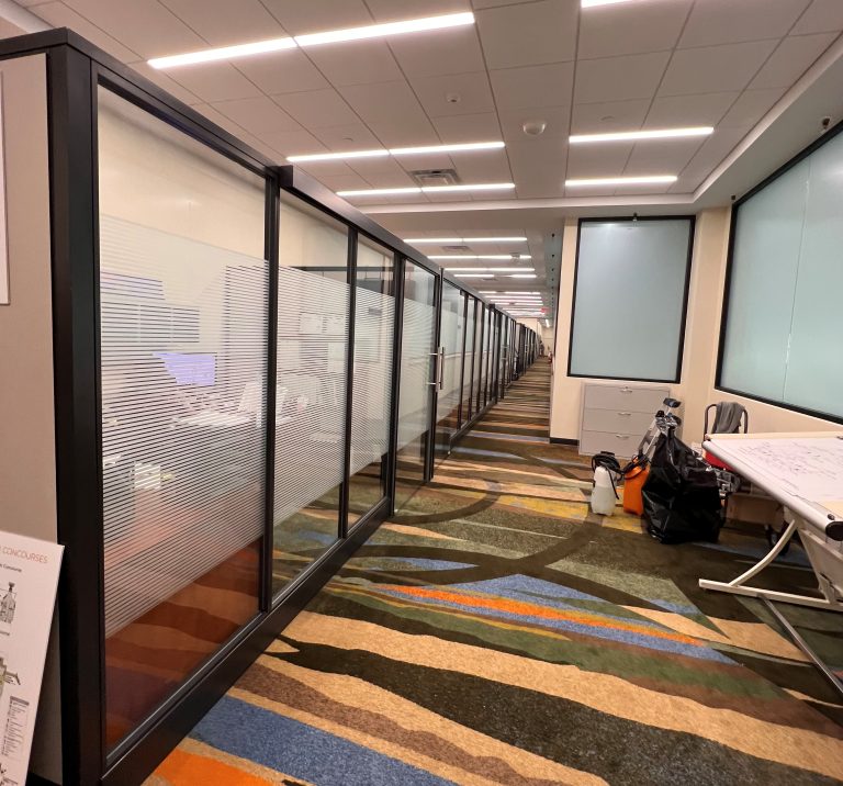 Modern office corridor with glass-walled cubicles on the left and colorful carpet flooring. Soft overhead lighting creates a calm, professional atmosphere.
